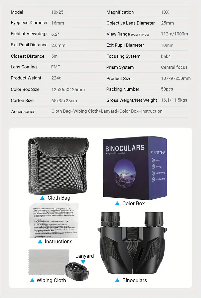 10x compact binoculars telescope bak4 fmc lens foldable pocket binoculars for bird watching camping hunting tourism details 9