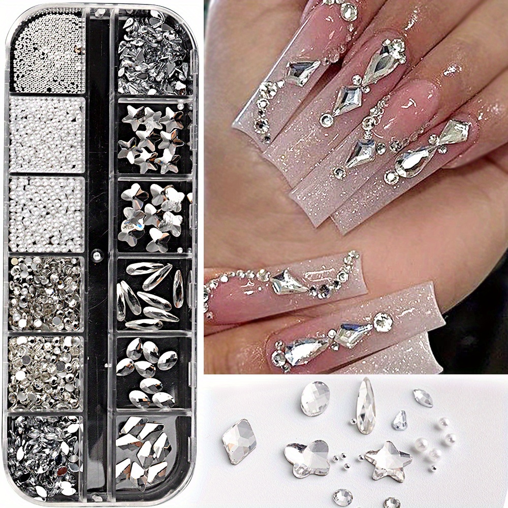 6 Grids Nail Art Pearls Flatback Pearls Nail Charms for Acrylic Nails  Crystals Nail Art Supplies White Round Design Nail Gems Nail Pearls Nail
