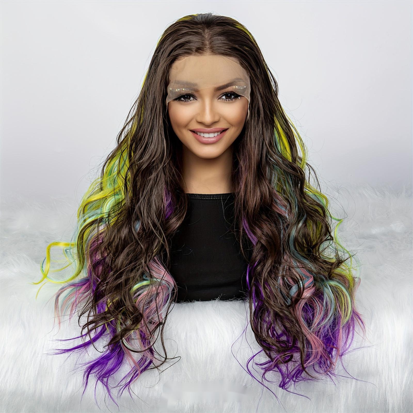 Rainbow Curly Lace Front Wig Long Body Wave Synthetic Wig Temu