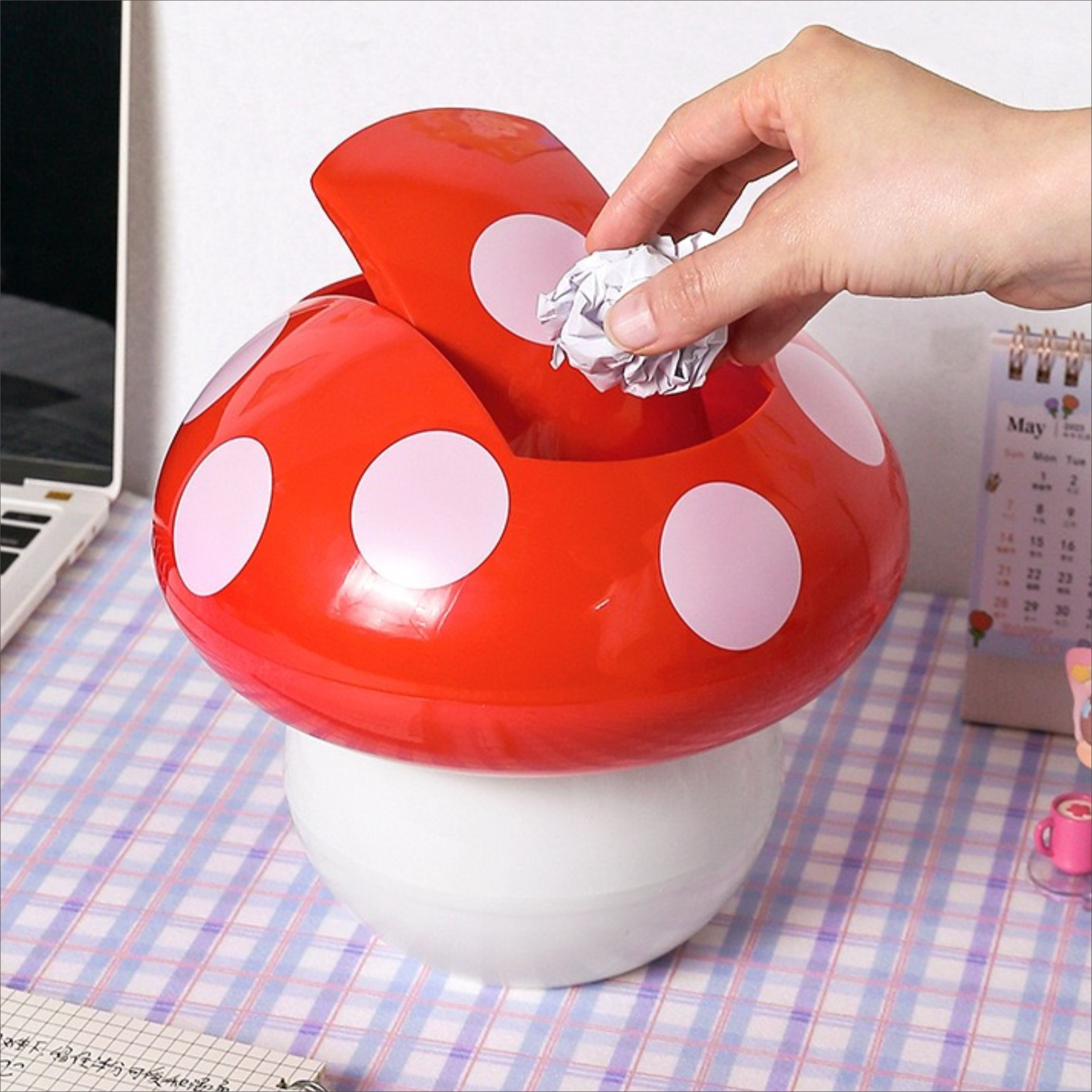 1pc Mushroom Trash Can, Cute Sundries Storage Box, Small Trash Can For Desktop, Plastic Waste Basket Trash Can With Lid