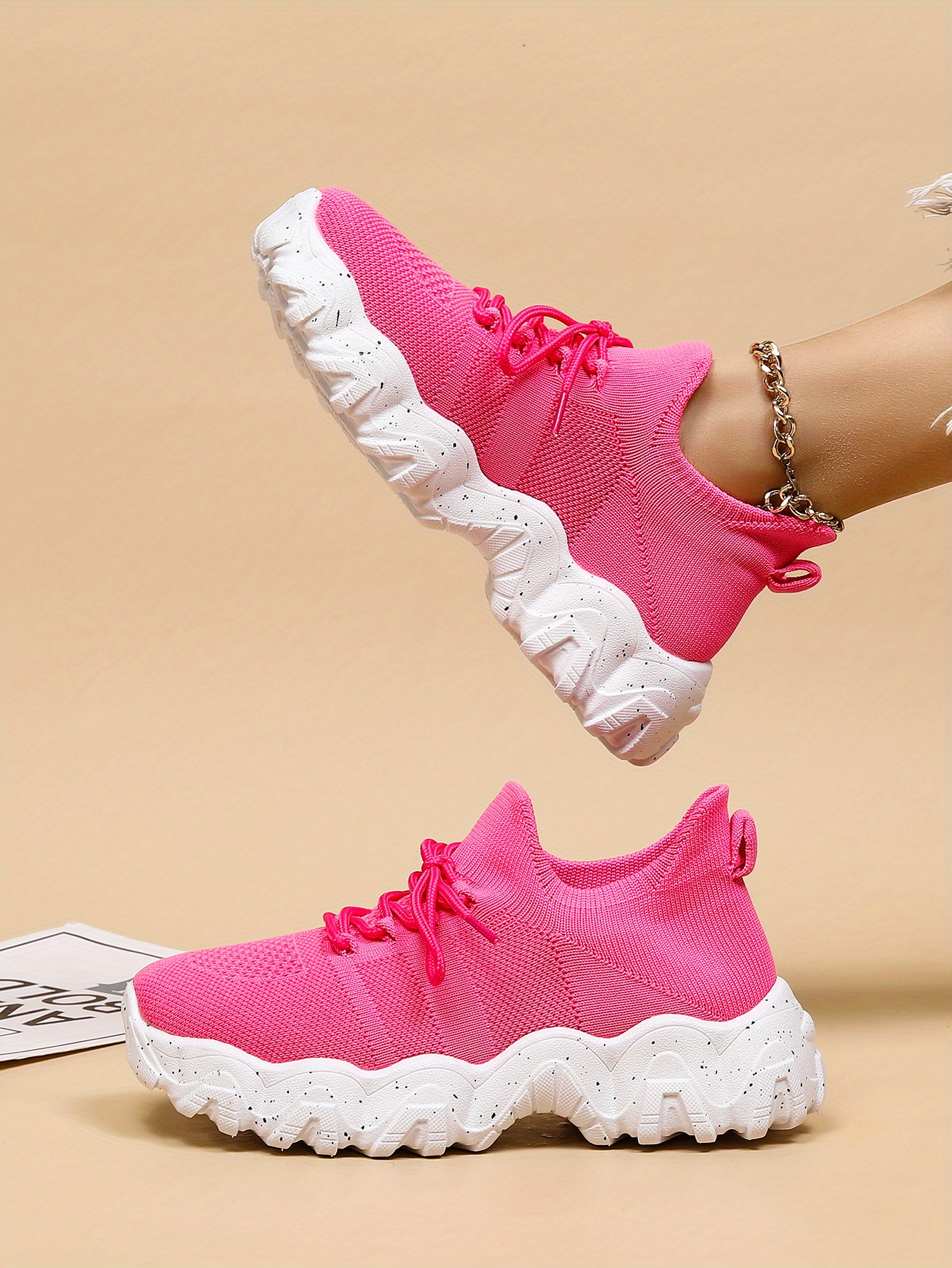 Women Lightweight Lace-up Front Sports Shoes Fashion Pink Chunky