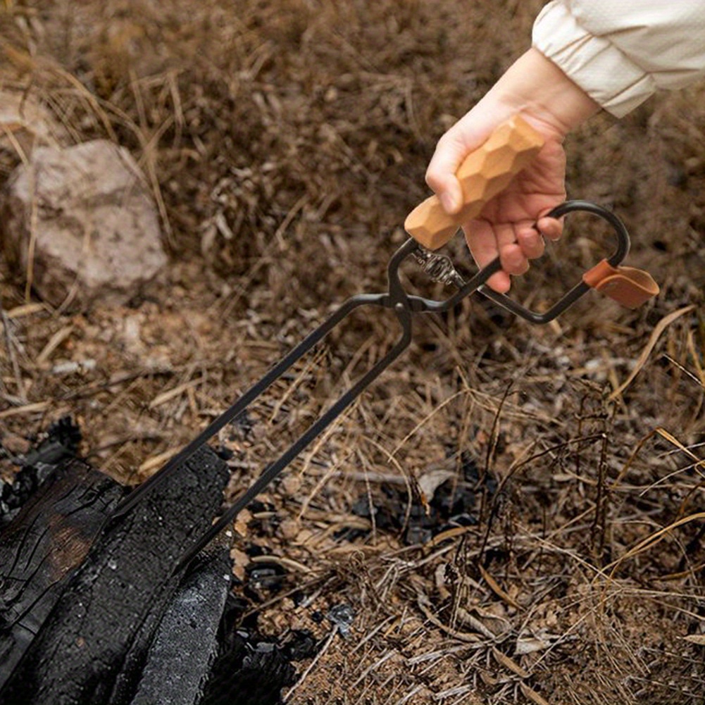 1pc Durable Metal And Wooden Bbq Charcoal Tongs Outdoor Camping And