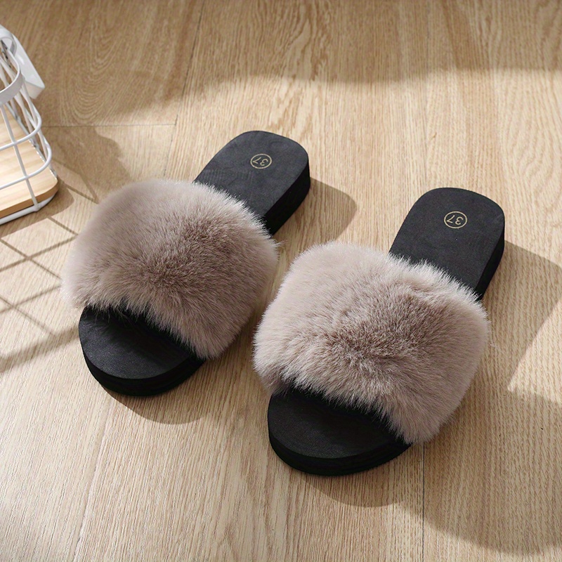 Women's Fluffy Home Slippers, Open Toe Soft Fuzzy Flat Slippers