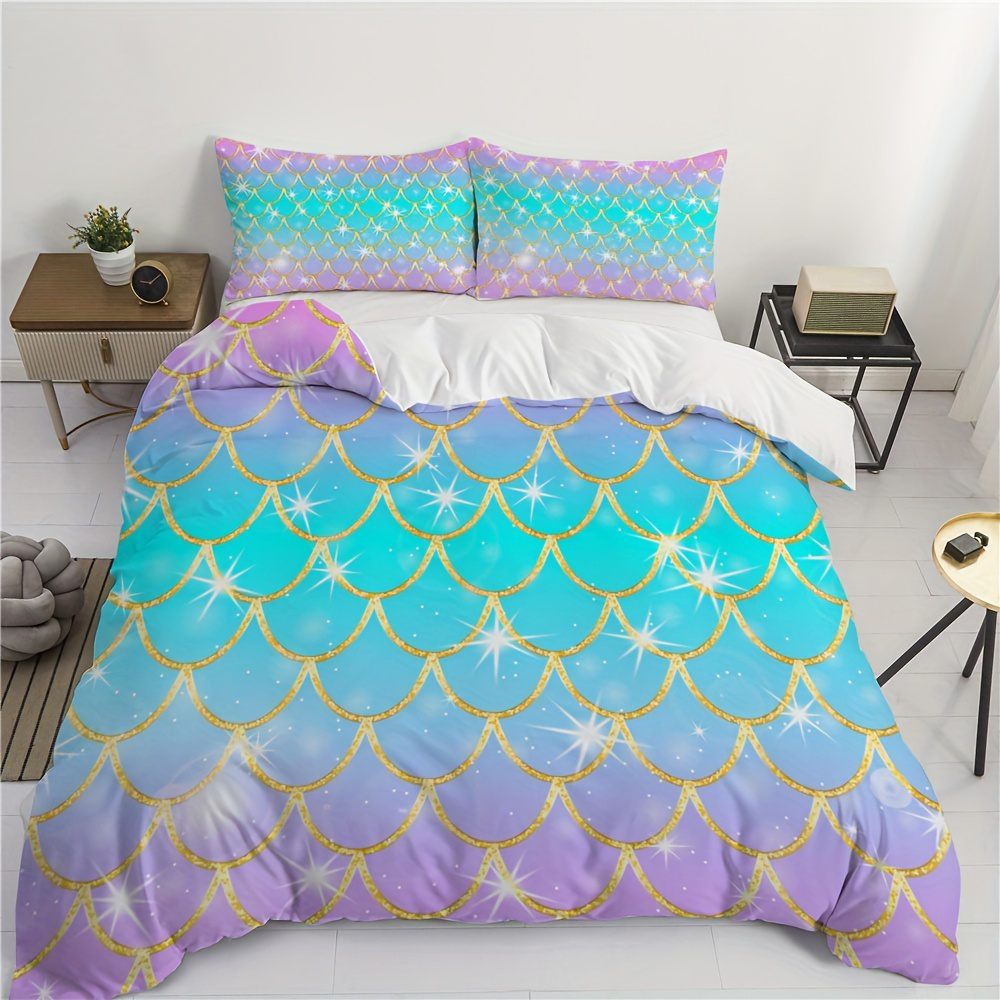 Glitter Mermaid Scale Print Duvet Cover Set (1 Duvet Cover + Temu