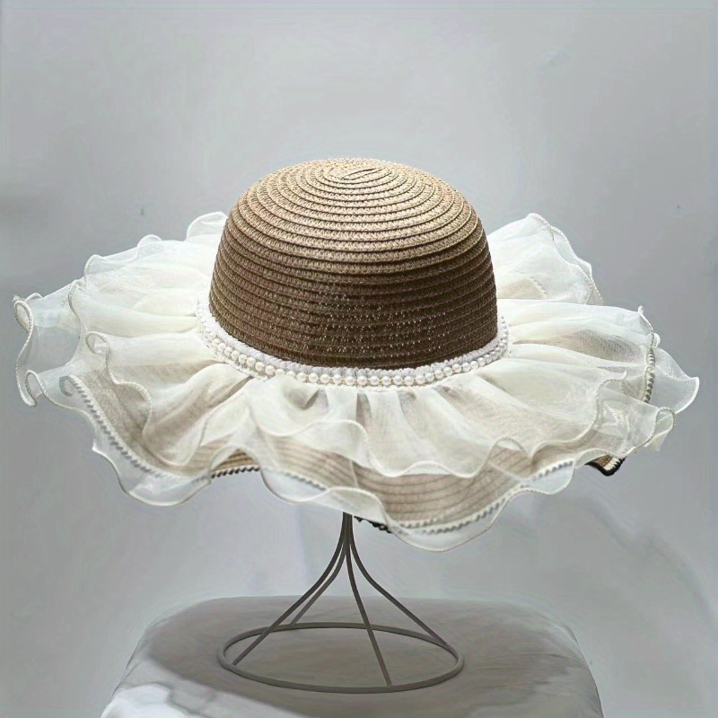 WIDE BRIM FLOWER PEARL DECOR HAT Formal Wide Brim White Black Flower Fedora Hat Pearls Band  main image 4