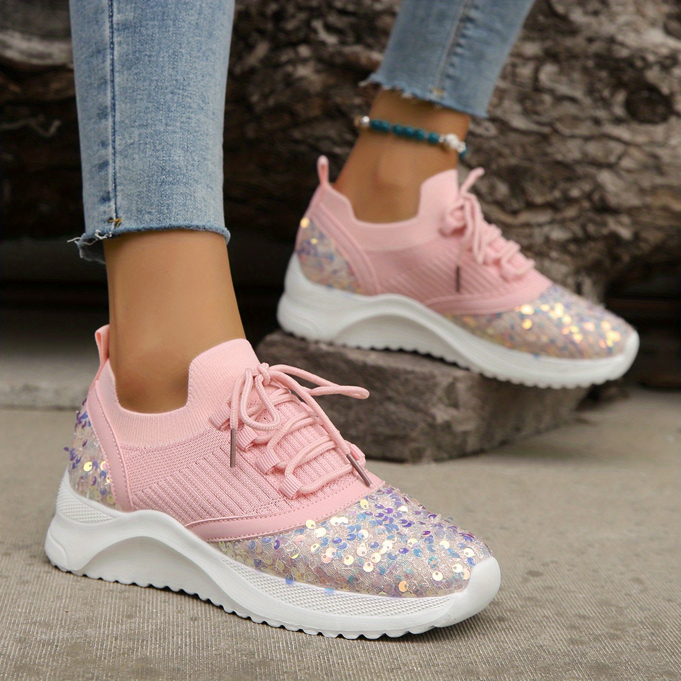 Women's Glitter Sequins Decor Sneakers Casual White Lace Up - Temu
