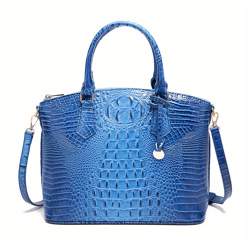 Brahmin Duxbury Satchel Alligator Blue And Gold Crossbody Bag Top