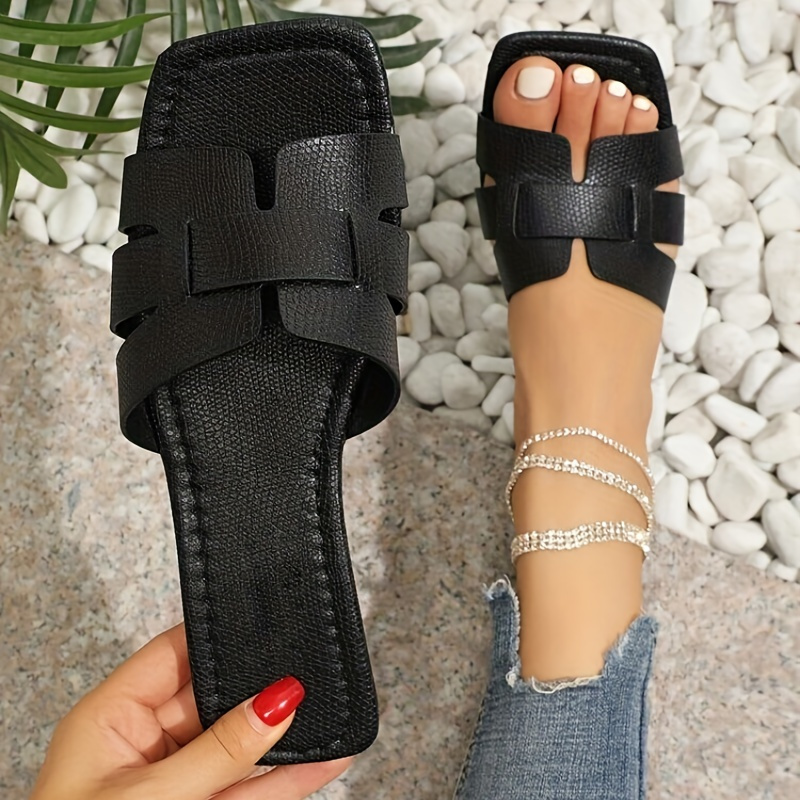 Women's Casual Flat Sandals, Trendy Square Open Toe Slip On Shoes, Comfy  Indoor & Outdoor Slides