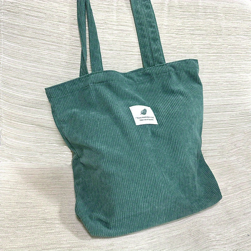 Corduroy Tote Bag, Women's Simple Shoulder Bag, Letter Patch Decor Handbag