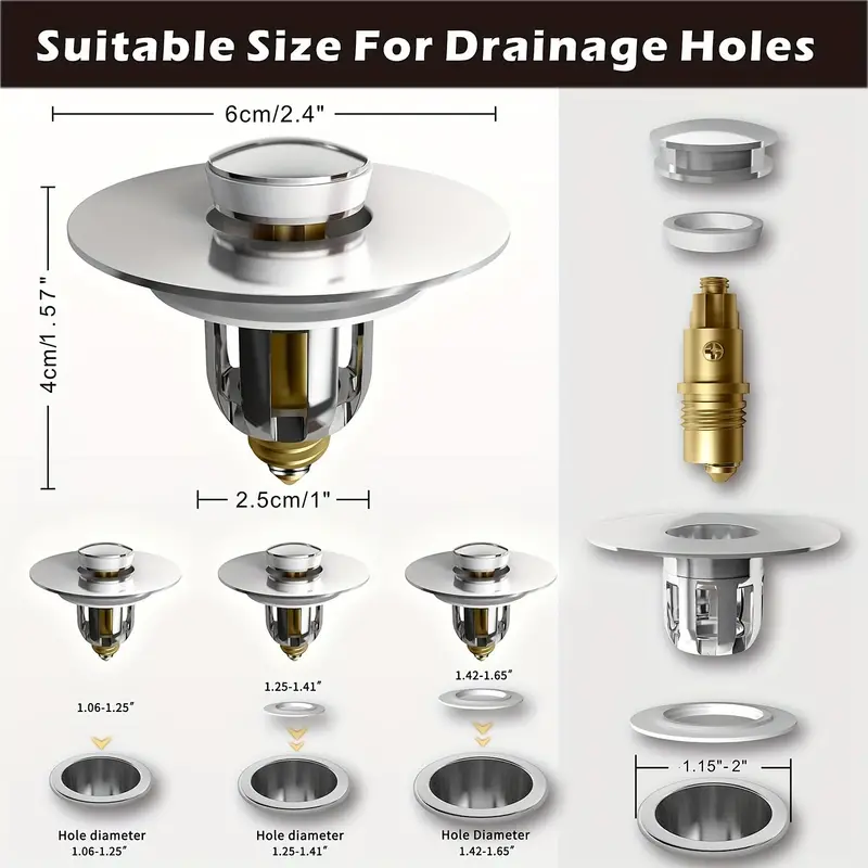 1pc bathroom sink drain stopper universal stainless steel bounce drain plug filter for 1 06 1 65 push type basin  up chrome sink strainer with hair catcher details 1