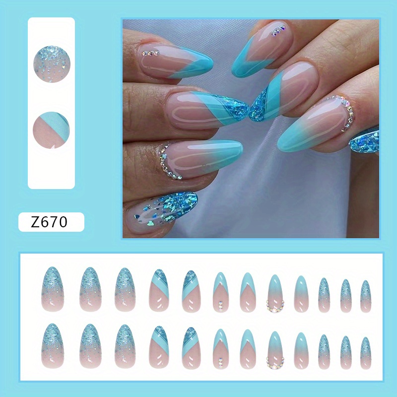 Glossy Blue French Tip Press On Nails With Bling Rhinestone Design