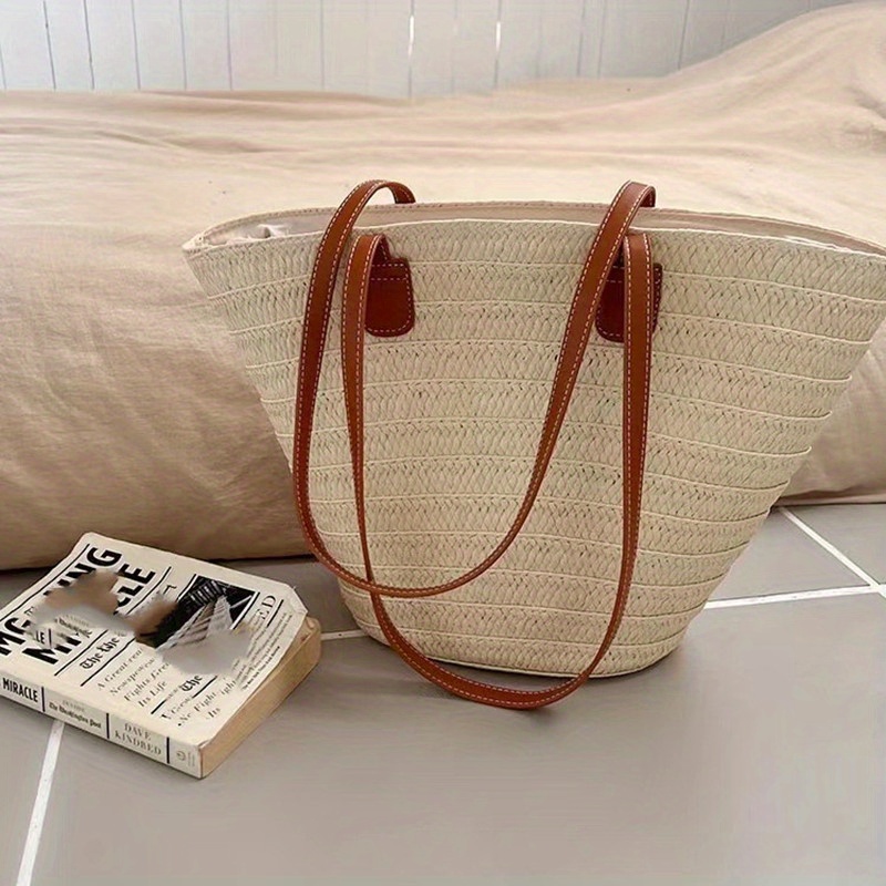 Simple Straw Tote Shoulder Bag, All-match Storage Bag, Solid Color