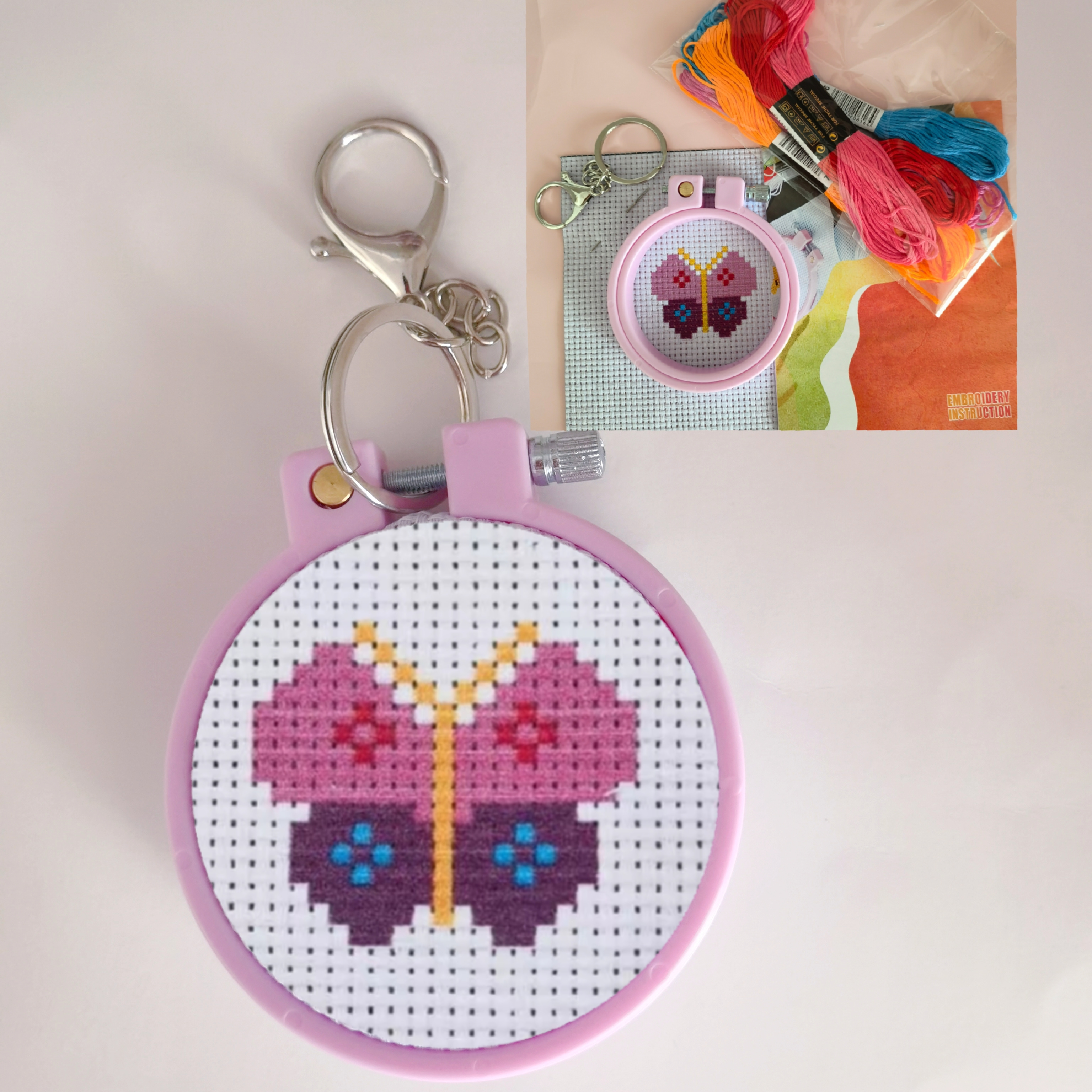 1 Set, Cross Stitch Beginner Kit 1pc Includes 1 Cross Stitch Cloth Stamped  With Pattern+1 Colorful Hoop+1 Key Ring+1 Needle+1 English Instruction+
