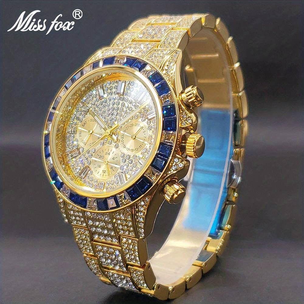 Montre Homme Golden Bleu Fonc Faux Diamant Incrust Ice Cube