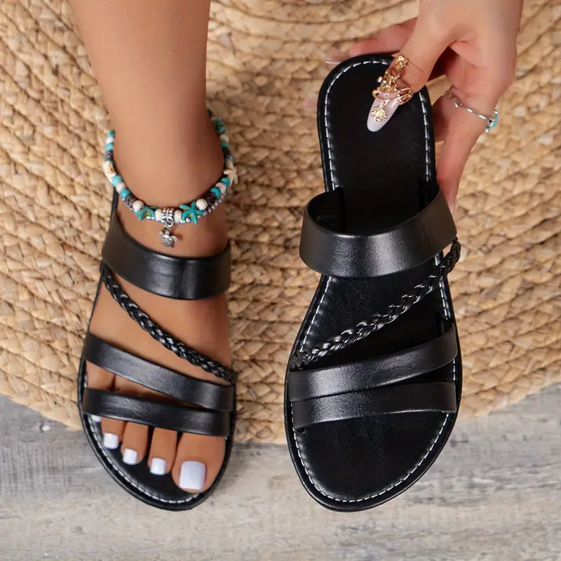 Women's Braided Flat Slide Sandals Open Toe Faux Leather Non - Temu