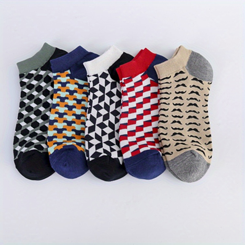 5 Pairs Geometric Pattern Socks Soft Lightweight Low Cut Ankle Socks ...