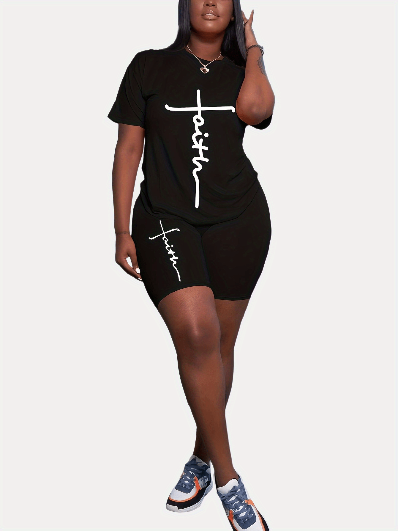 Faith Letter Print Two Piece Set Crew Neck Tee & Slim Shorts