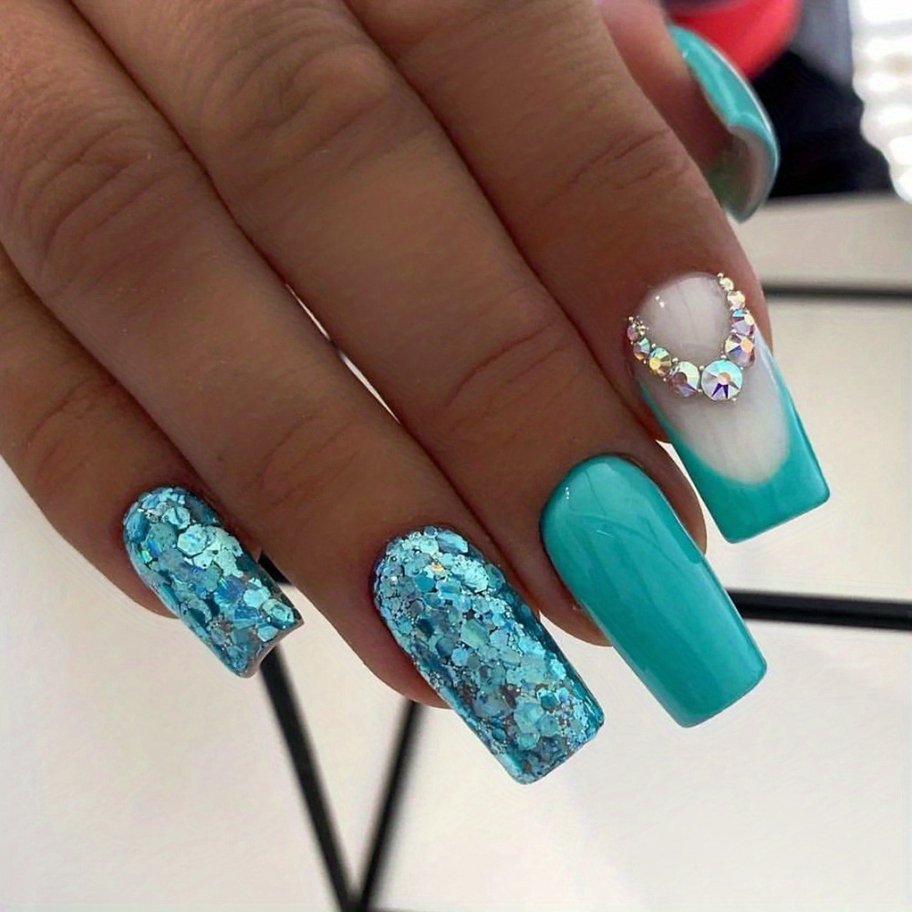 Sparkling Emerald Green Glitter Press On Nails With - Temu