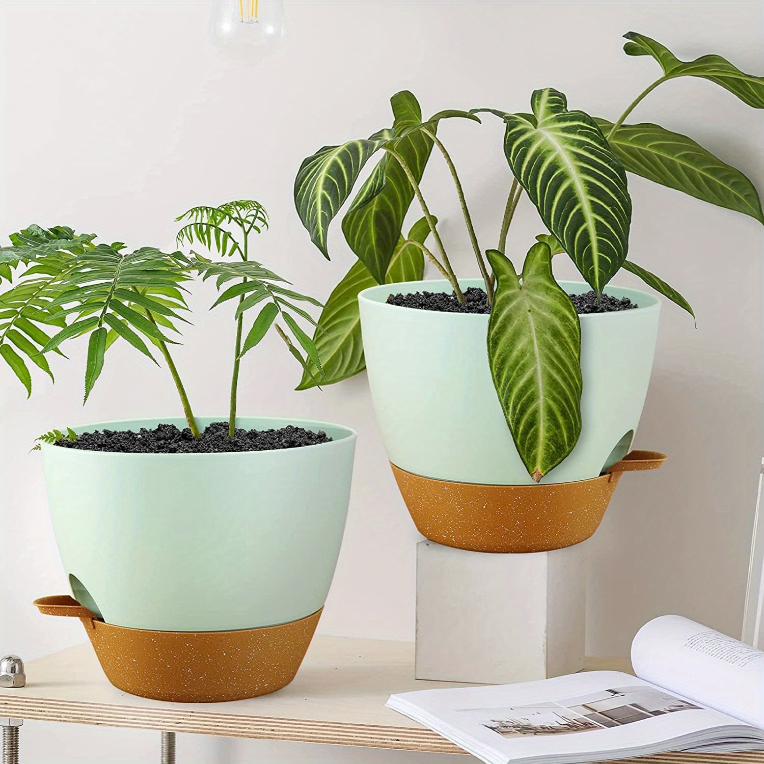 2 Packs Self Watering Pots Indoor Plants 8 Inch Flower Pot Drainage Holes Reservoir Modern