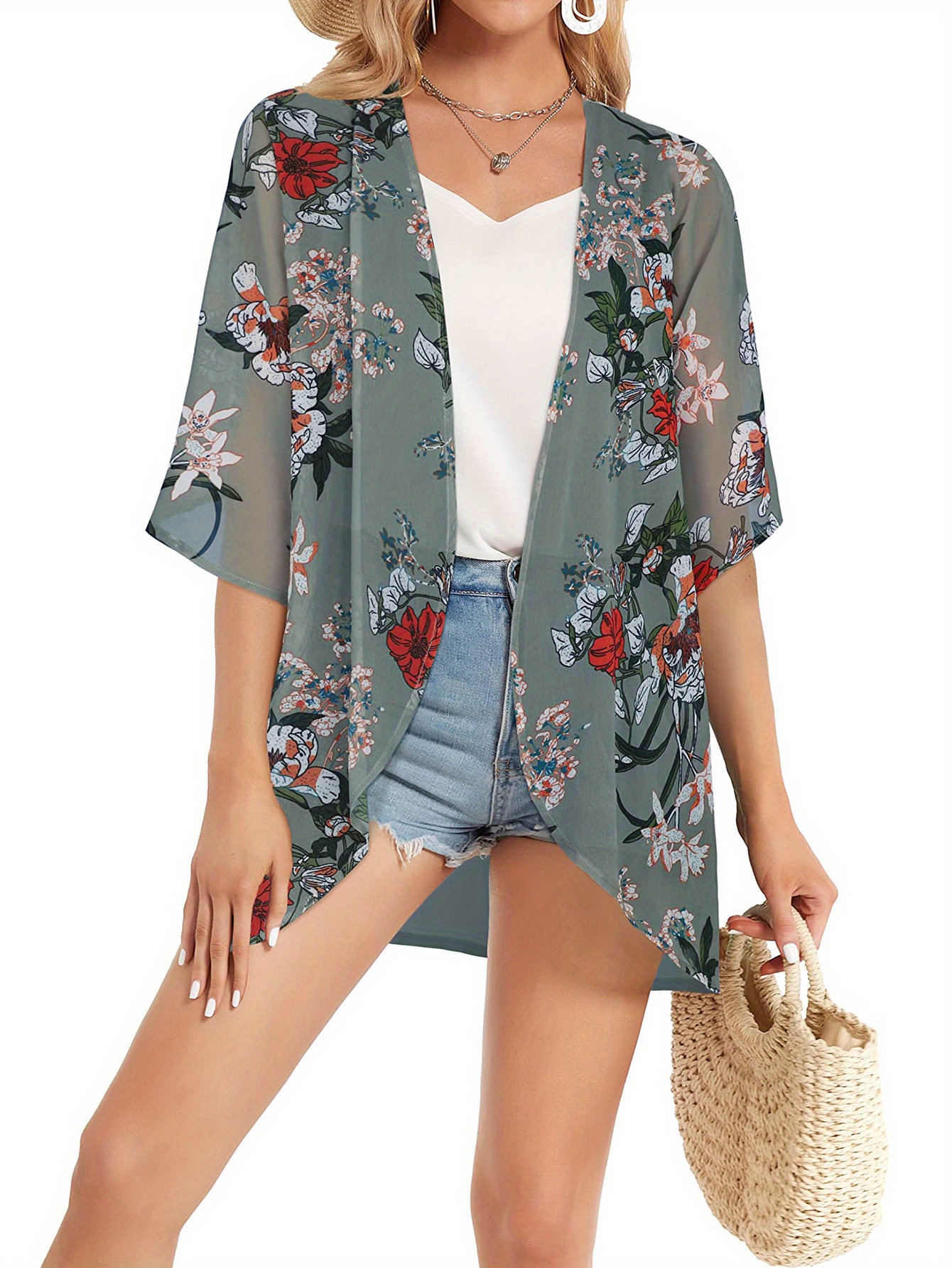 Floral Pattern Cover Shirt V Neck Semi sheer Casual - Temu