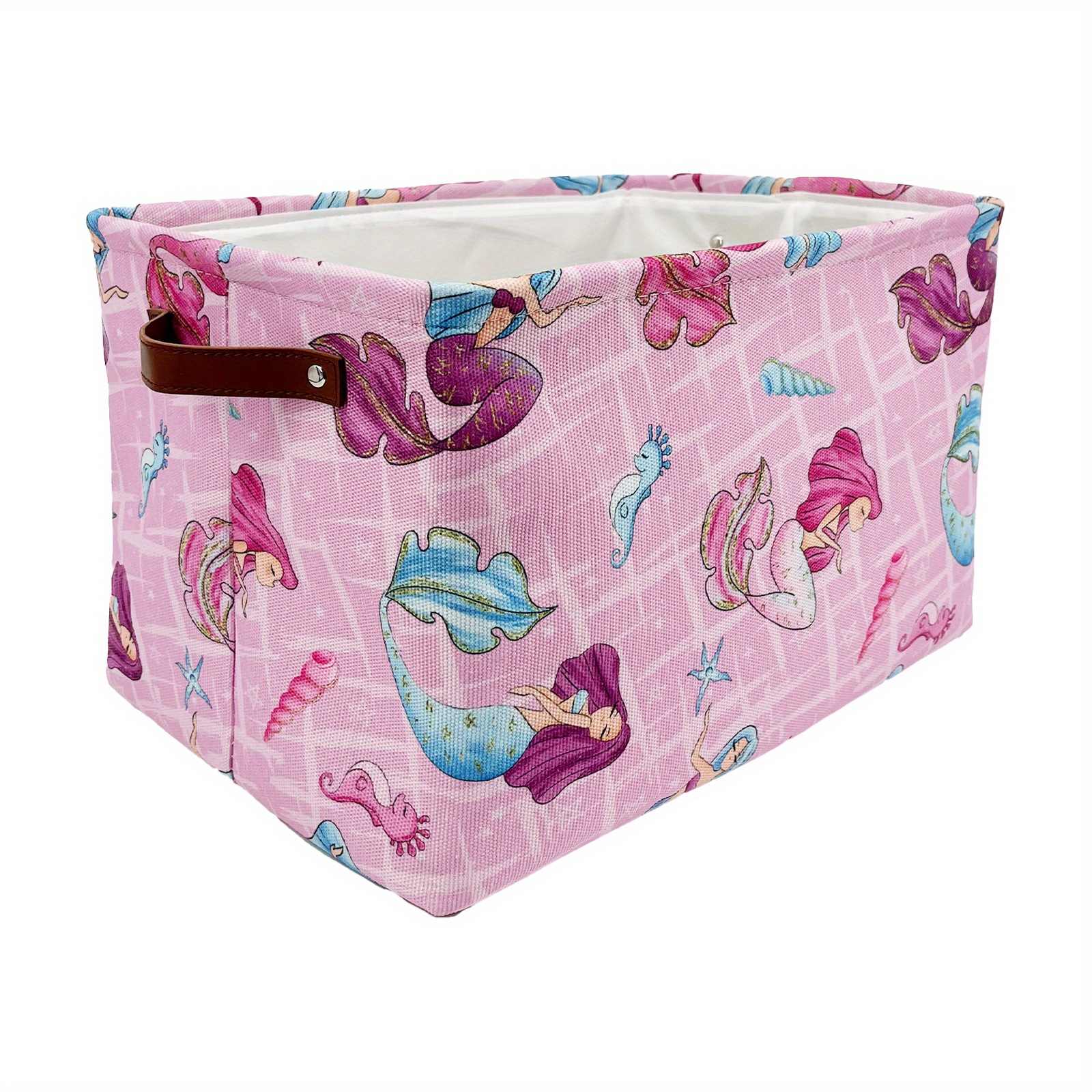 Fabric Storage Basket With Pu Leather Handles, Folding Storage Bin