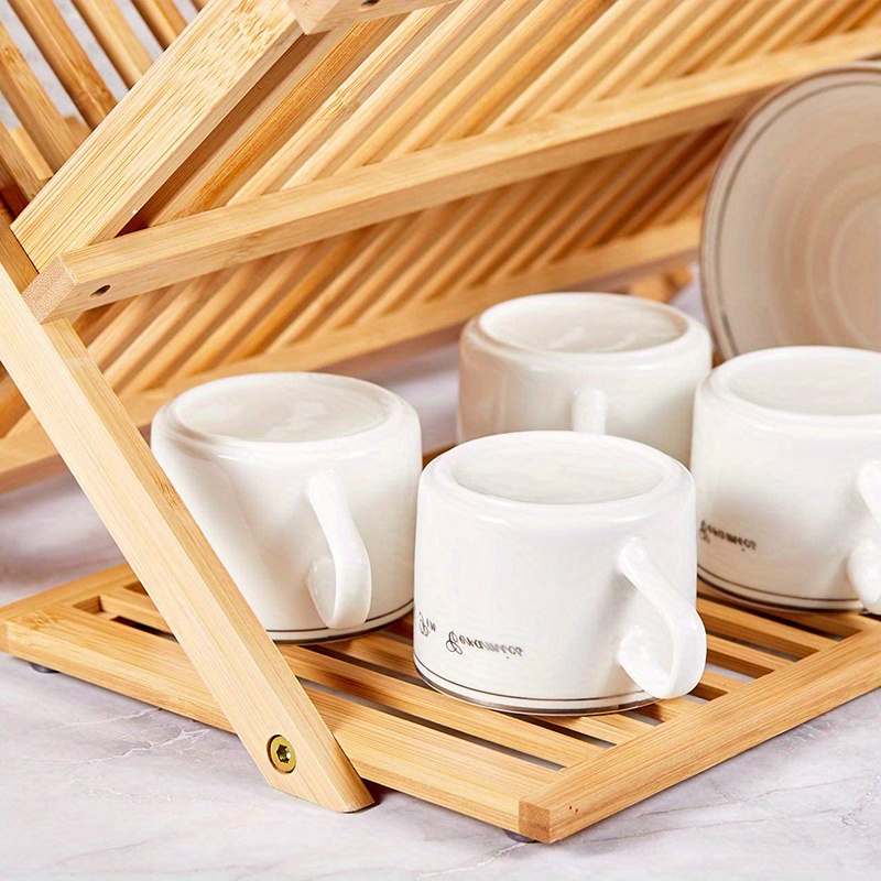 Bamboo Dish Drying Rack With Utensil Holder Collapsible - Temu