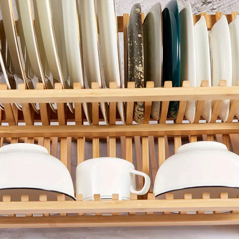 Folding Bamboo Dish Drying Rack - Wooden Kitchen Dish Rack Plate Holder