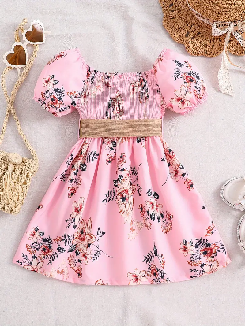 toddler girls floral graphic puff sleeve shirred belted princess dress for party beach vacation kids summer clothes details 7