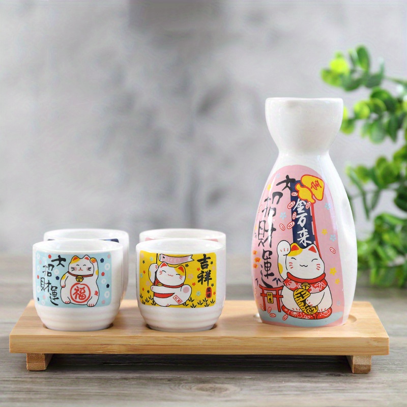 1 Set Japanese Sake Set, 1 Tokkuri Bottle & 4 Ochoko Cups, Spring ***  Ceramic Sake Set, Microwave And Dishwasher Safe, Drinkware