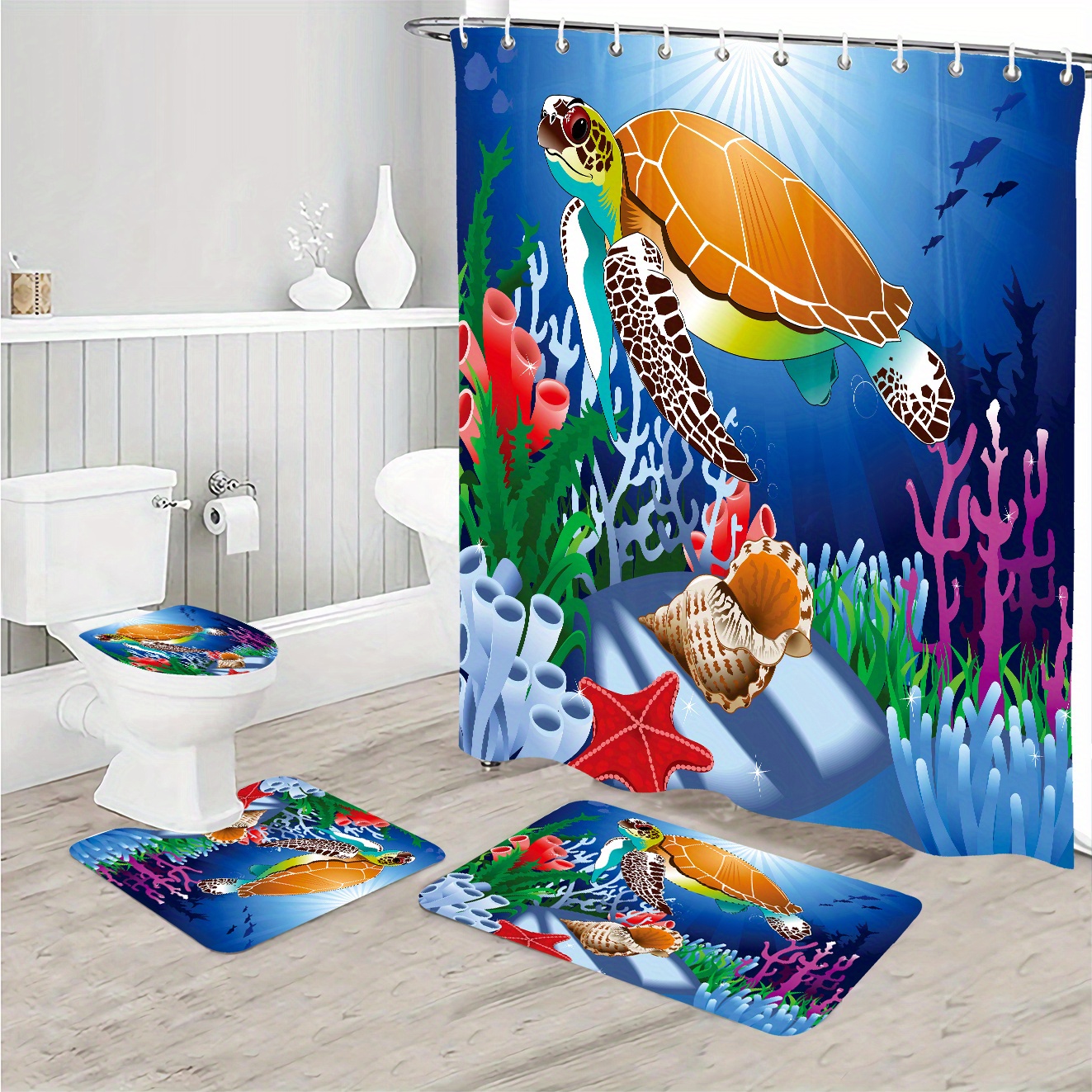 Ocean Pattern Shower Curtain Set, Waterproof Curtain With 12 Hooks,  Non-slip Rug, Toilet Lid Cover, Bath Mat, Bathroom Partition, Bathroom  Accessories, - Temu