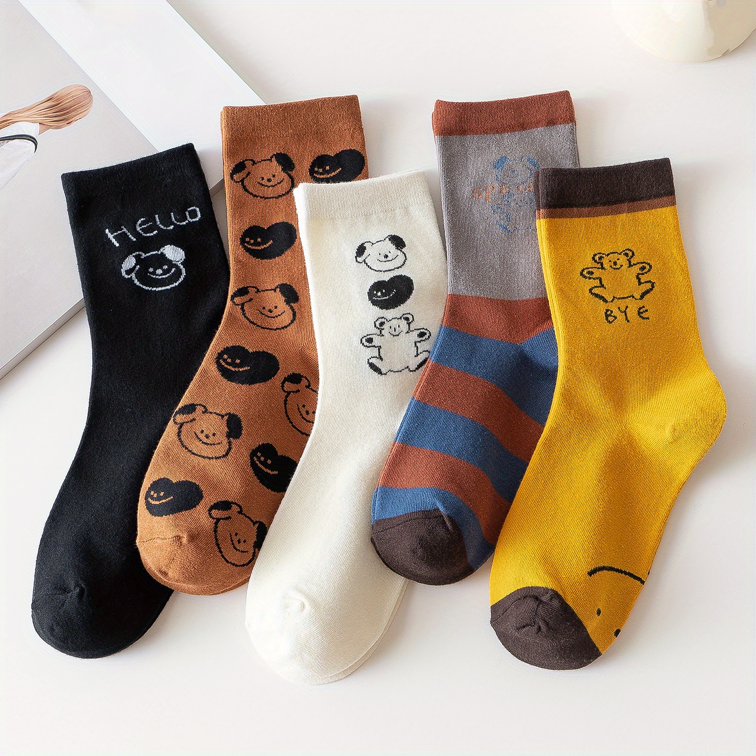 5 Pairs Cartoon Animal Print Socks Comfy Cute Mid Tube Socks Women's ...