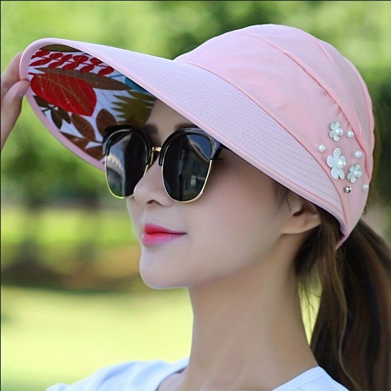 Stylish Ponytail Sun Visor Hat Beaded Flower Decor Lightweight Sun Hat