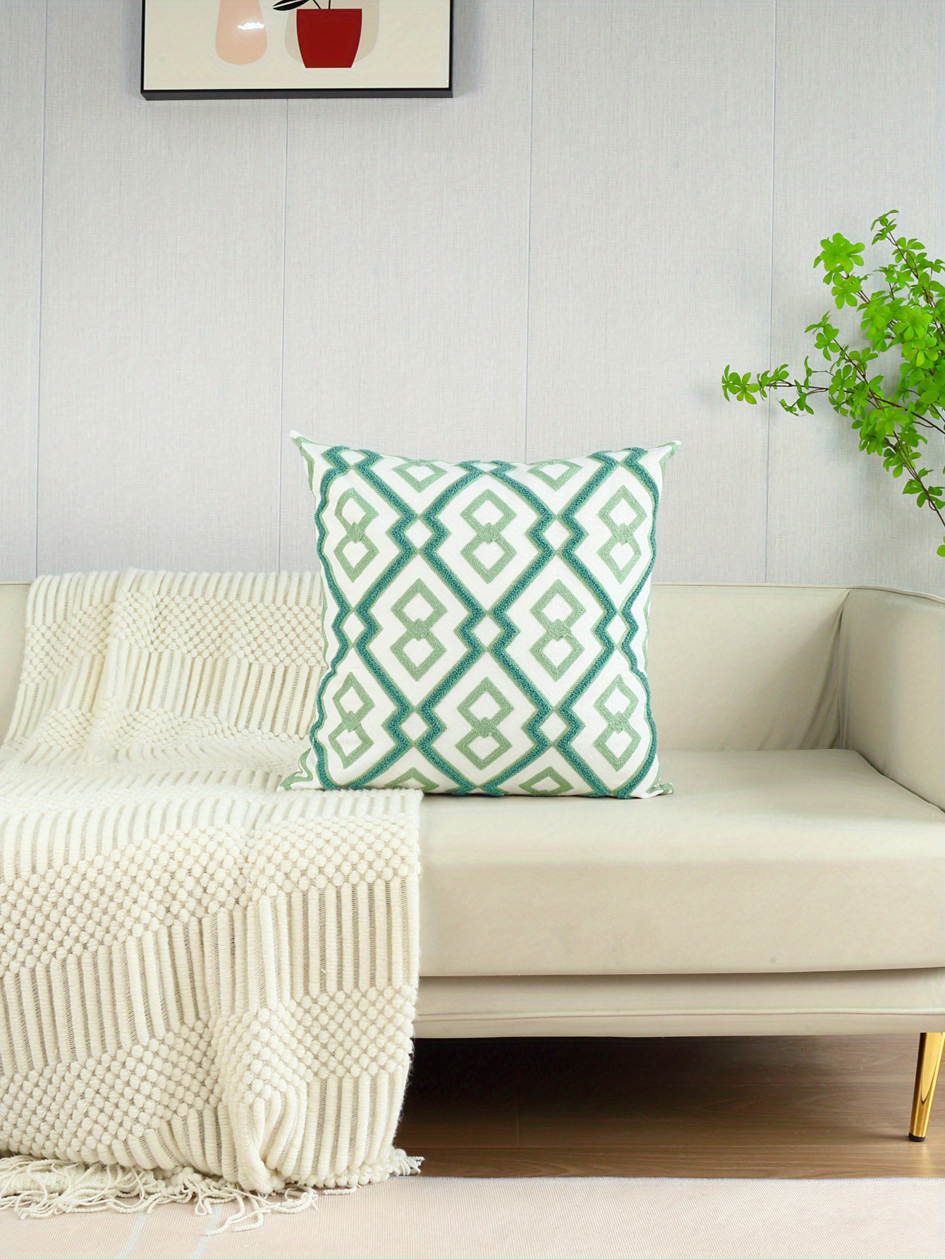 Cotton Canvas Green Geometric Pattern Tufted Cushion Cover Without