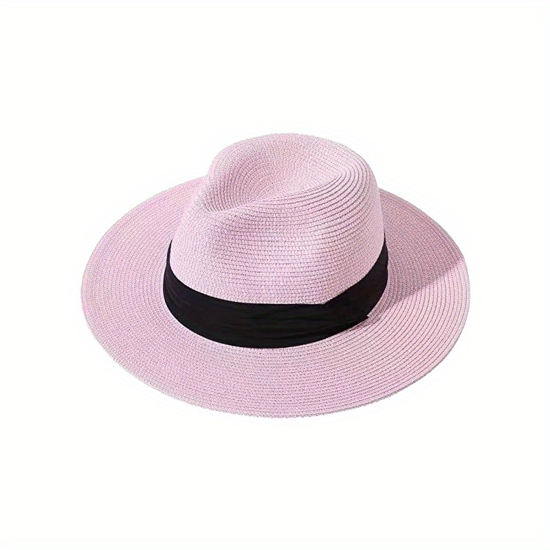 Classic UPF 50+ Panama Fedora Braided Belt Decor Straw Sun Hat, Bucket Hats Simple unisex Travel Beach Hats for Women,Temu