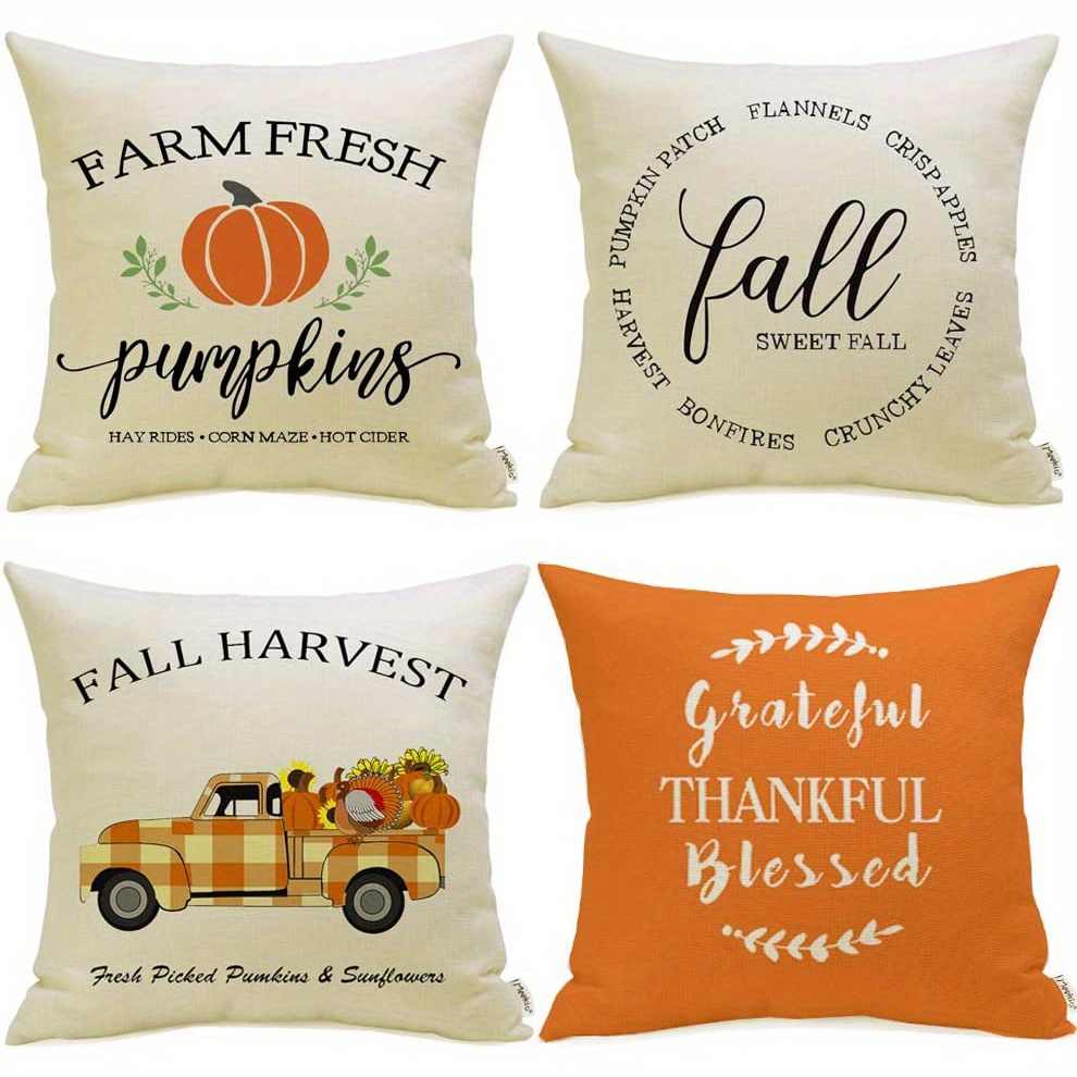 Decorx 18 inch x 18 inch Decorative Fall Pillow Covers Set of 4 Farmhouse Pumpkin Truck Sunflowers Orange Decorative Throw Pillow Cover Cushions for