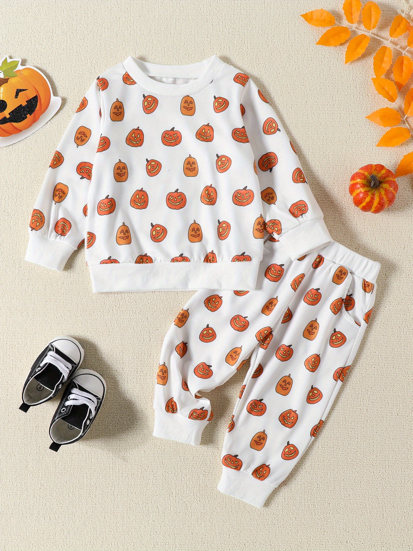 Ensemble Vêtement Bébé Halloween – Sweat Manches Longues Et Pantalon Motif Citrouille – Taille 0-24 Mois, Hiver