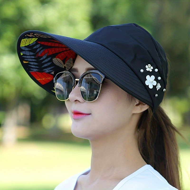 Stylish Ponytail Sun Visor Hat Beaded Flower Decor Lightweight Sun Hat