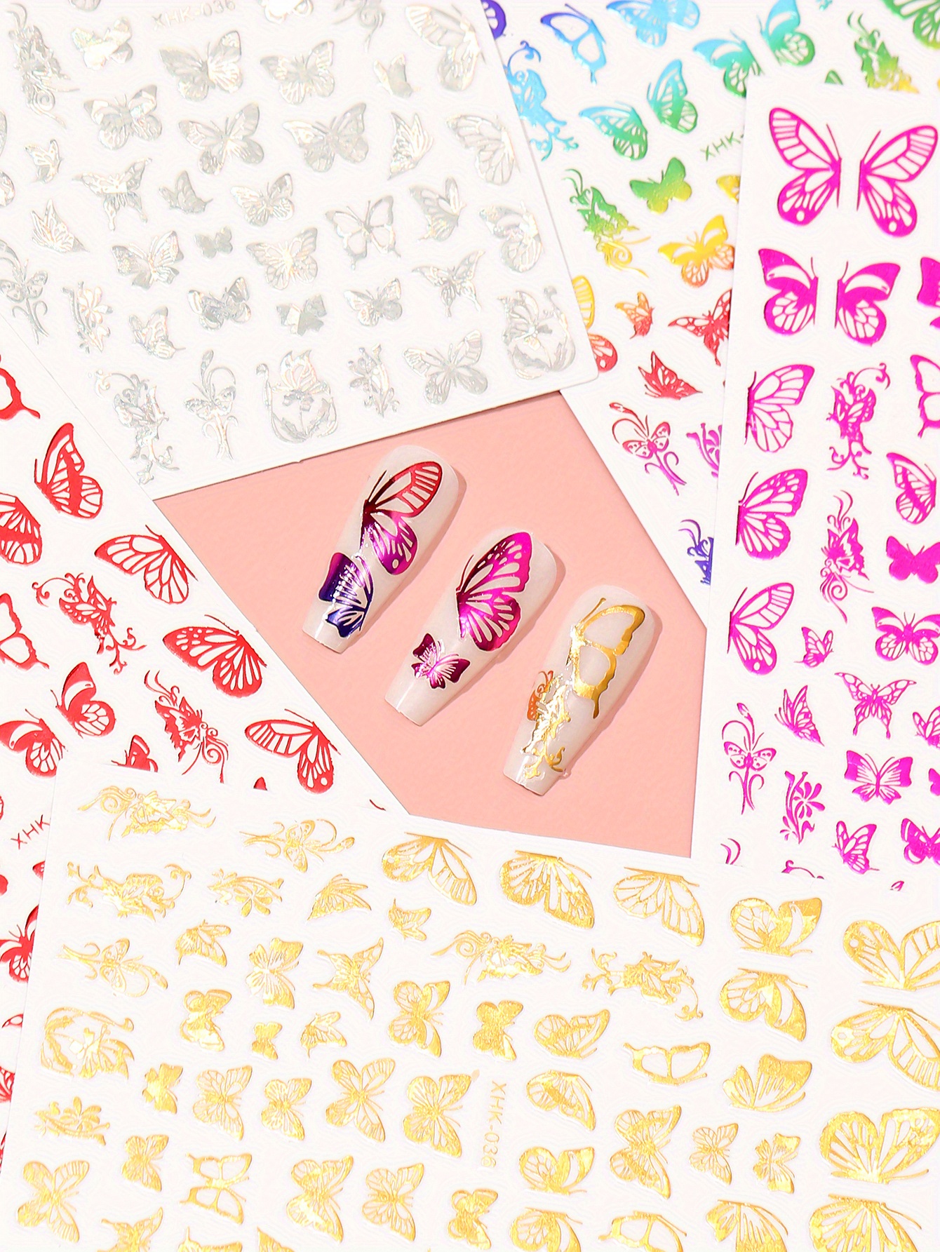 5個のホログラフィック3Dバタフライネイルアートステッカー 粘着スライダー カラフルなDIYゴールデンネイル転写デカール Temu Japan