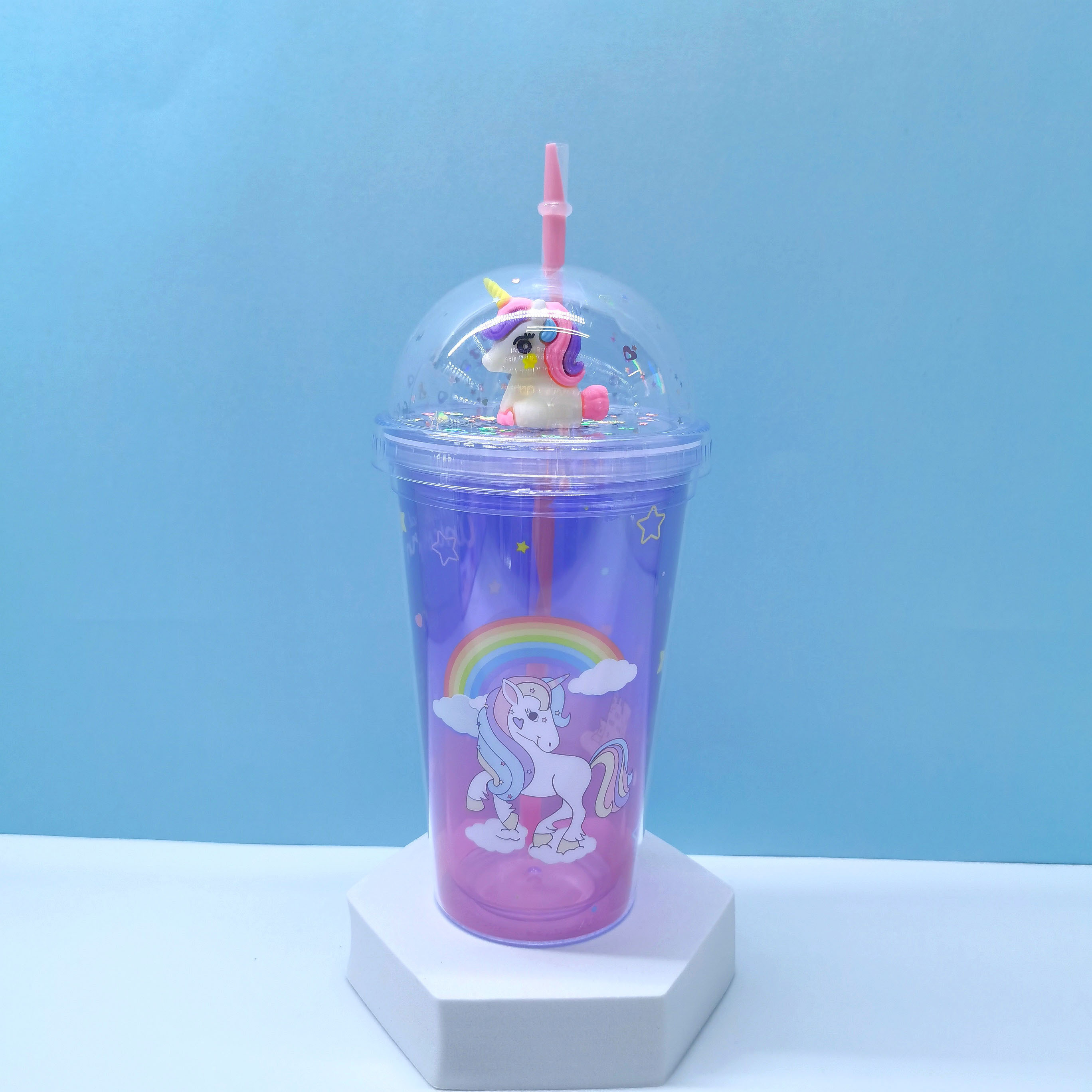 New Plastic Double Wall Glitter Tumbler with Straw Cute Kawaii