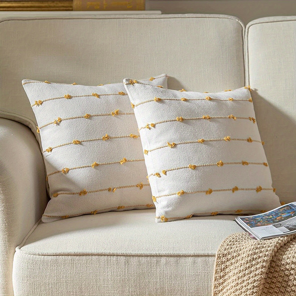 Yellow Embroidered Decorative Modern Square Throw Pillow Covers Embroidery Pillow  Cushion Cases for Couch Sofa Bedroom Living Room Car 20x20 inches 