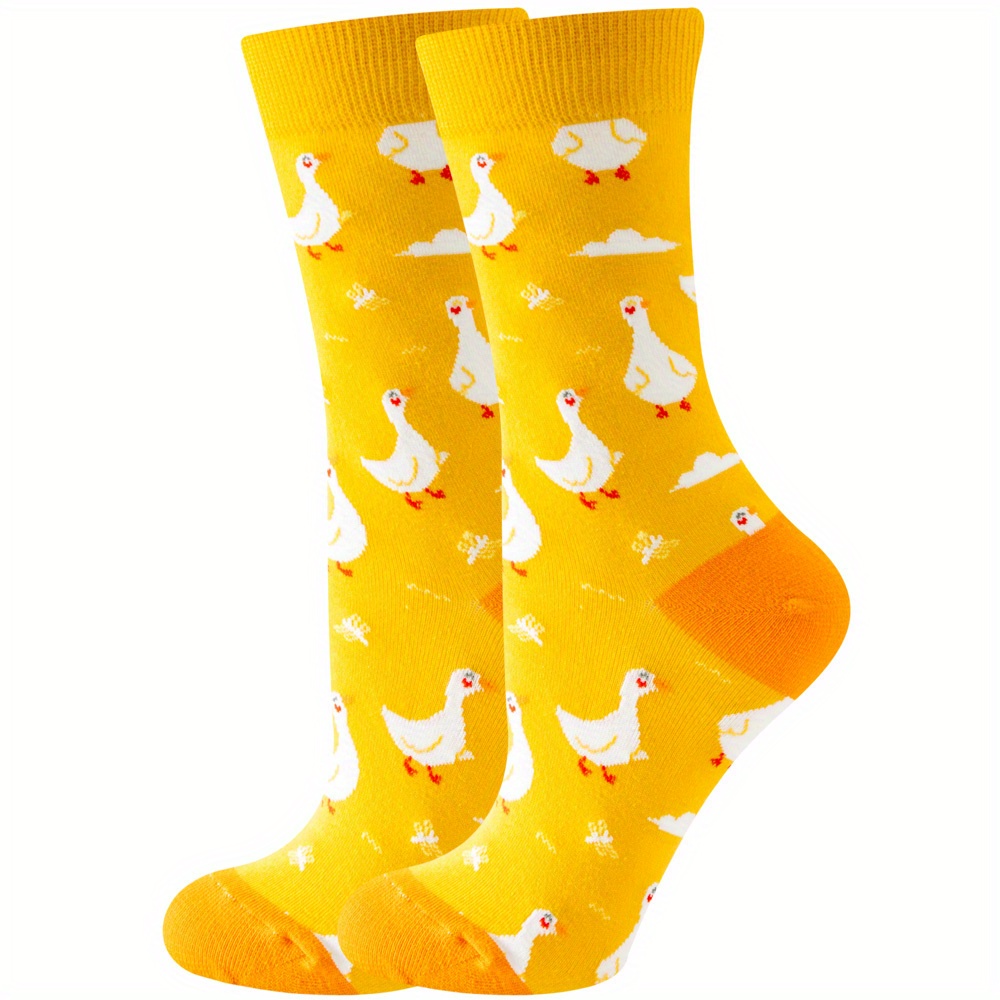 Image of Cartoon Duck Print Socks, Comfy & Cute Animal Mid Tube Socks, Women's Stockings & Hosiery