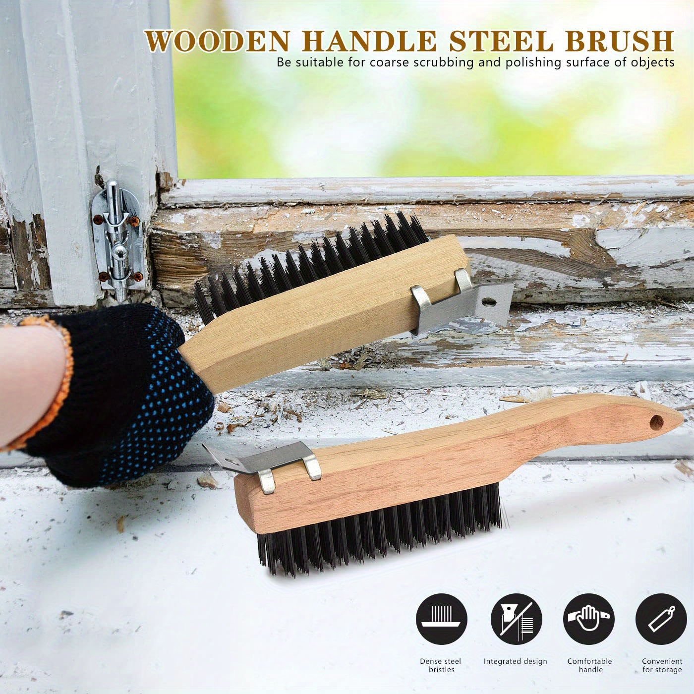Wire Scratch Brush with Wood Handle and Scraper (Carbon Steel)