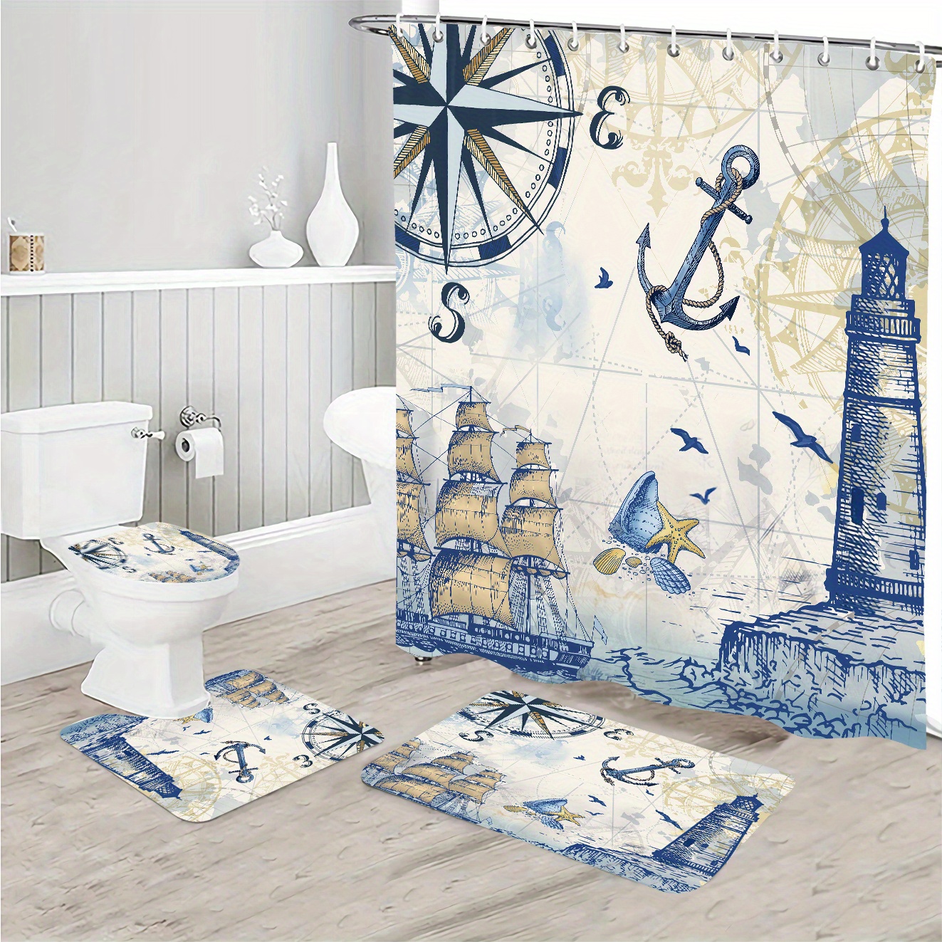 4 Piece Lighthouse Oceans Shower Curtain Set with Blue Ocean Beach Bathroom  Rugs Clearance Contour Floor Mat Toilet Lid Cover