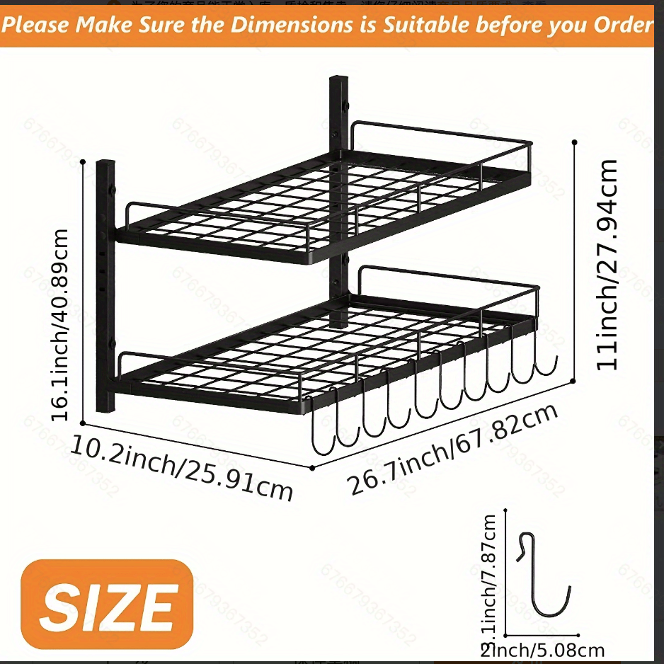 Kitchen Wall Mounted 2 Tiers Pot Pan Rack with 10 Hooks