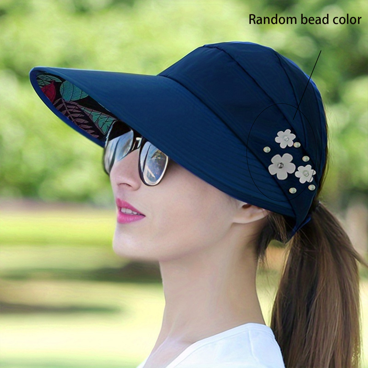 Women's Flower Faux Pearl Decor Sun Hat Empty Top Sun Protection ...
