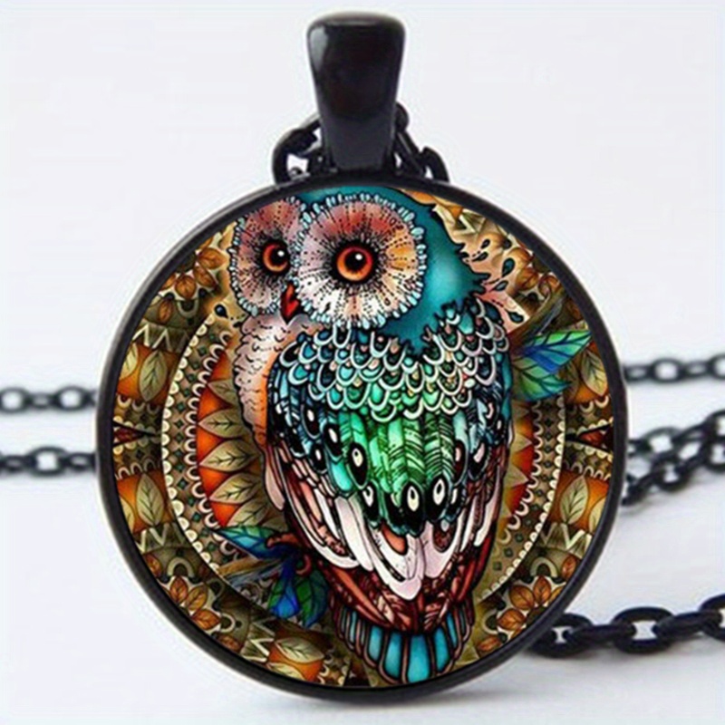 vintage owl cabochon tibetan silvery glass chain pendant necklace black 7