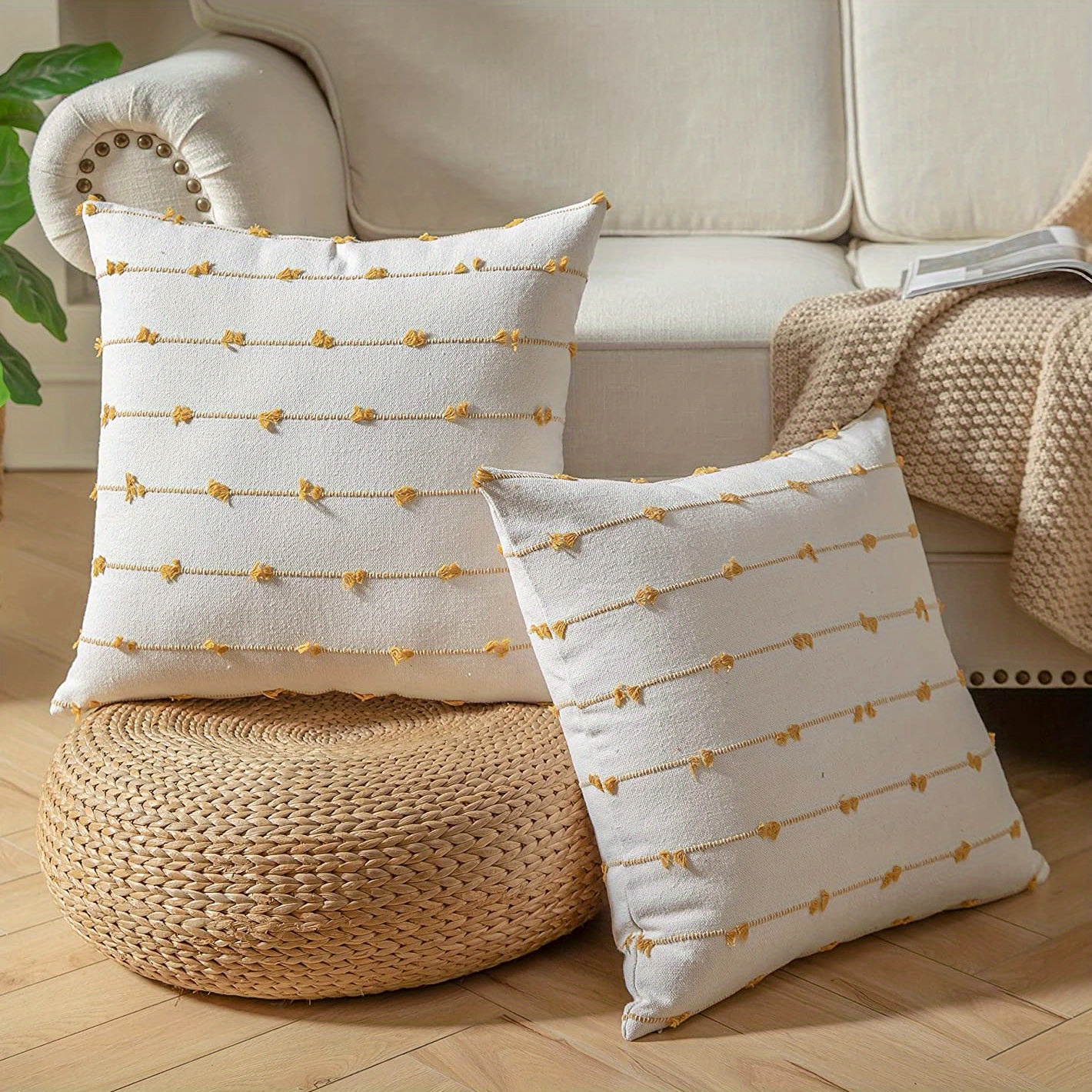 Yellow Embroidered Decorative Modern Square Throw Pillow Covers Embroidery Pillow  Cushion Cases for Couch Sofa Bedroom Living Room Car 20x20 inches 