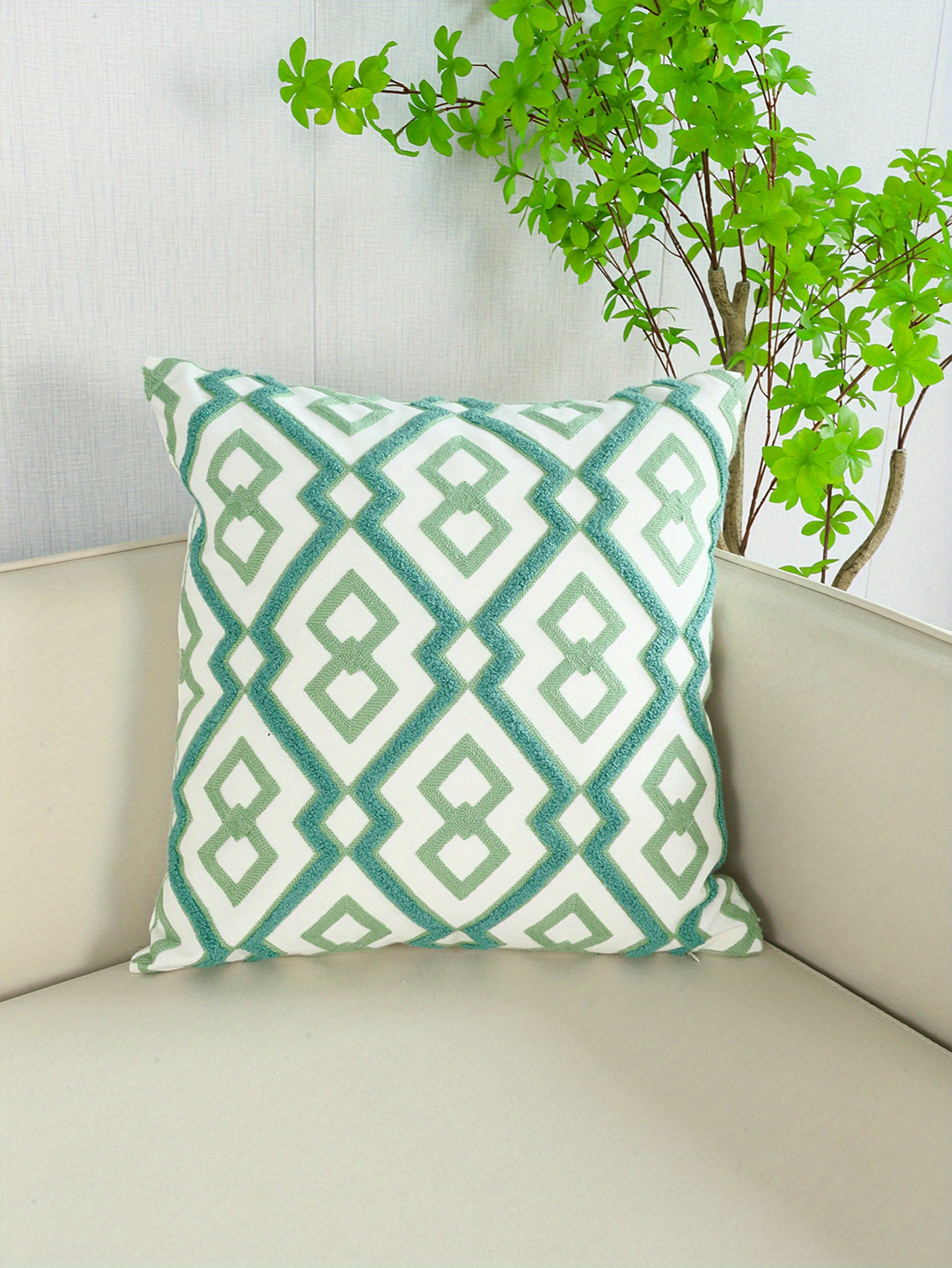 Cotton Canvas Green Geometric Pattern Tufted Cushion Cover Without