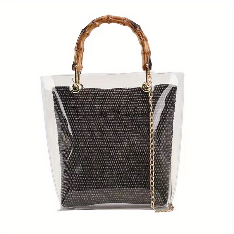 Sequin Glitter Bamboo Handle Metal Chain Crossbody Bag, Pvc Clear