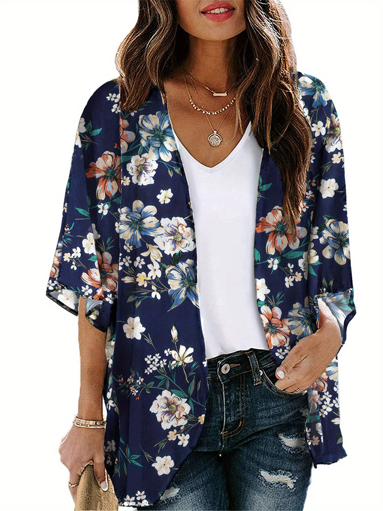 Floral Print Open Front Kimono, Casual Cover Up Kimono For Spring ...